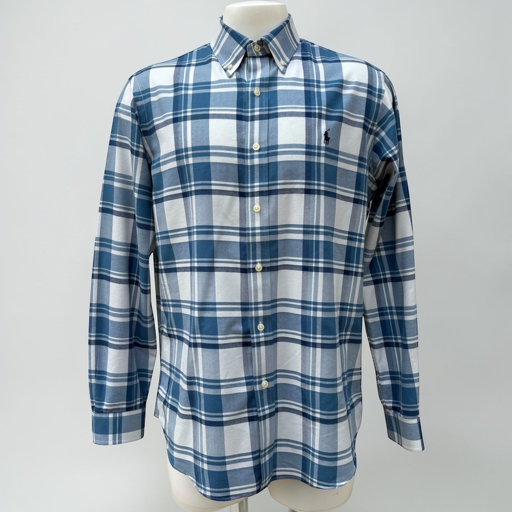 Ralph Lauren Performance Flannel Shirt L Blue White Plaid Classic Fit Preppy